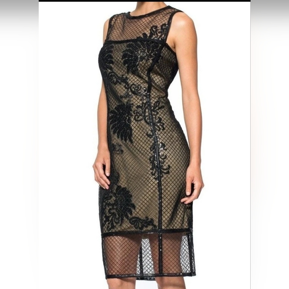 TADASHi Shoji Black and Nude Floral Midi Dress Size 8